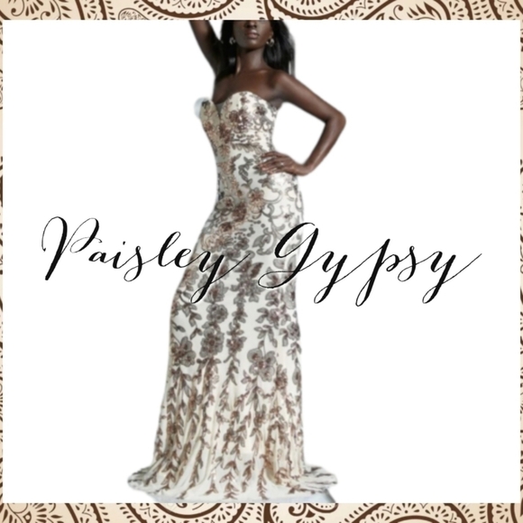 Exquisite Contrast Sequin Floral Beige Creme & Chocolate Sleeveless Fo… - Picture 3 of 15